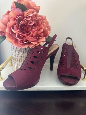 Impo Burgundy Laser-Cut Peep-Toe Slingback Heels